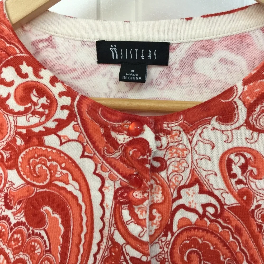SISTERS sz Small Cardigan Long Sleeves Paisley Orange White NWT